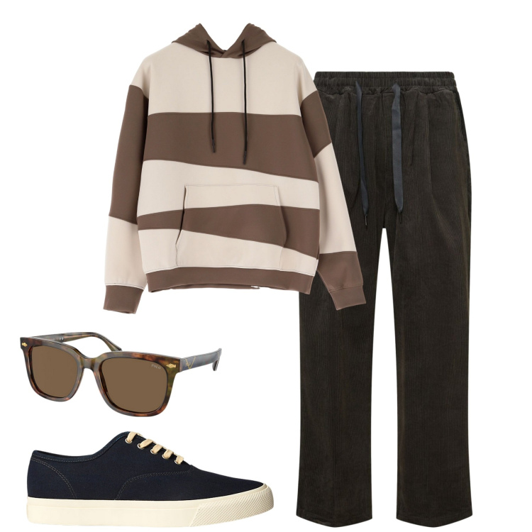 Outfit uomo - Comfy weekend. Stile Casual per Tutti i giorni. Abbinamento con felpe con cappuccio, sneakers, occhiali da sole, pantaloni.