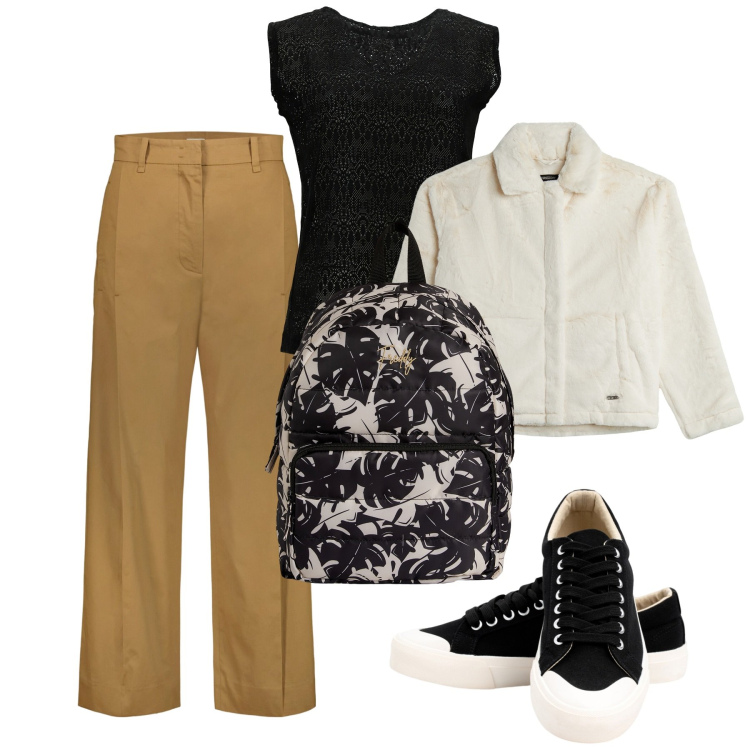 Outfit donna - Rientro agli studi. Stile Basic per Scuola/Università. Abbinamento con t-shirt, zaini, blazer, sneakers, pantaloni.