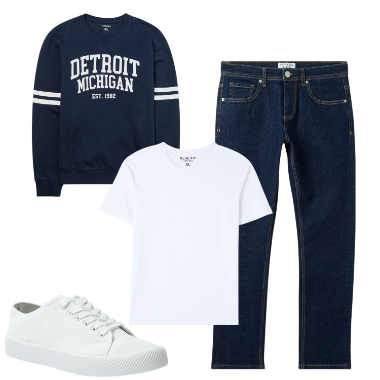 Outfit uomo - Settembre. Stile Casual per Tutti i giorni. Abbinamento con t-shirt, felpe, sneakers, jeans.