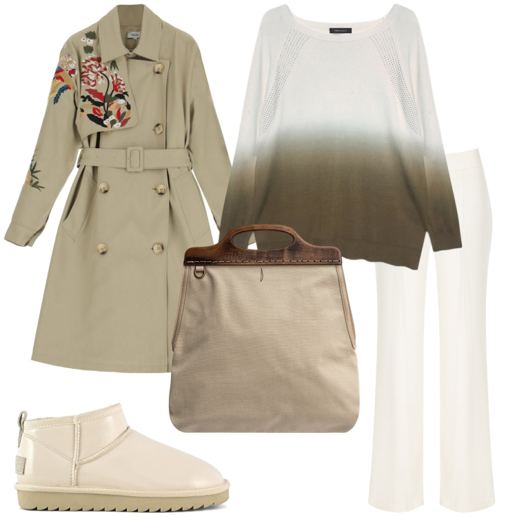 Outfit donna - Total look #1955804. Stile Casual chic per Tutti i giorni. Abbinamento con pantaloni a palazzo, trench, stivali, borse a tracolla, maglieria.