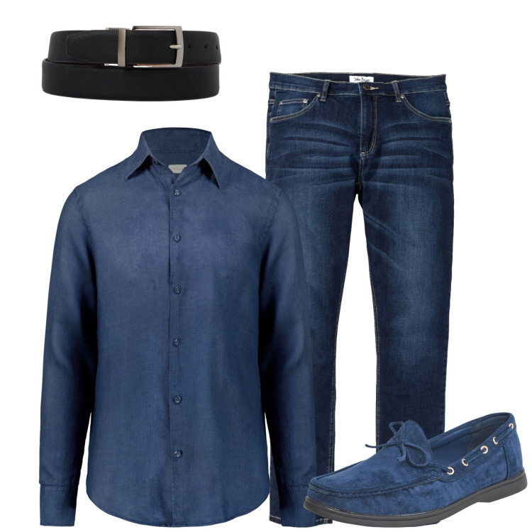 Outfit uomo - Blu. Stile Urban per Tutti i giorni. Abbinamento con jeans, scarpe stringate, camicie, cinture.
