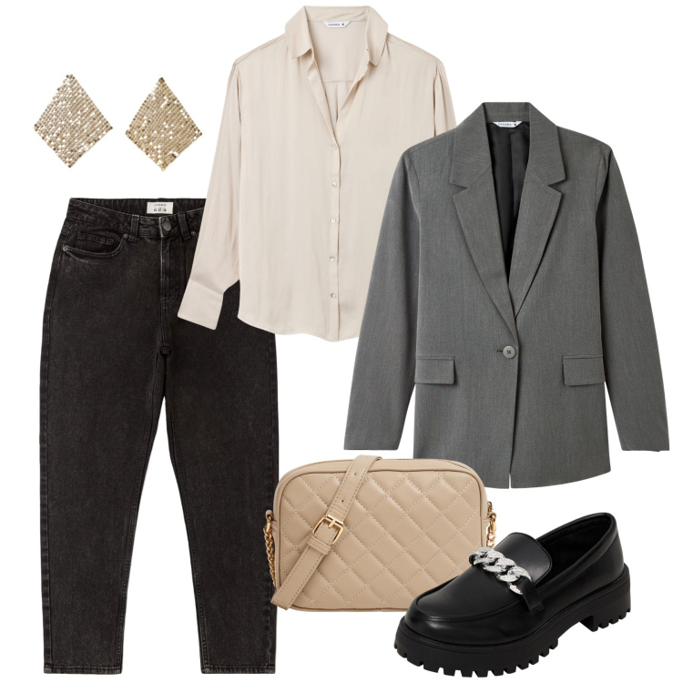 Outfit donna - Terranova new collection. Stile Urban per Tutti i giorni. Abbinamento con mocassini, blazer, orecchini, jeans mom, camicie, borse a tracolla.