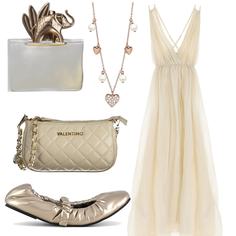 Outfit donna - La ballerina. Stile Bon Ton per Serata fuori. Abbinamento con profumi, collane, vestiti lunghi, borse a spalla, ballerine.