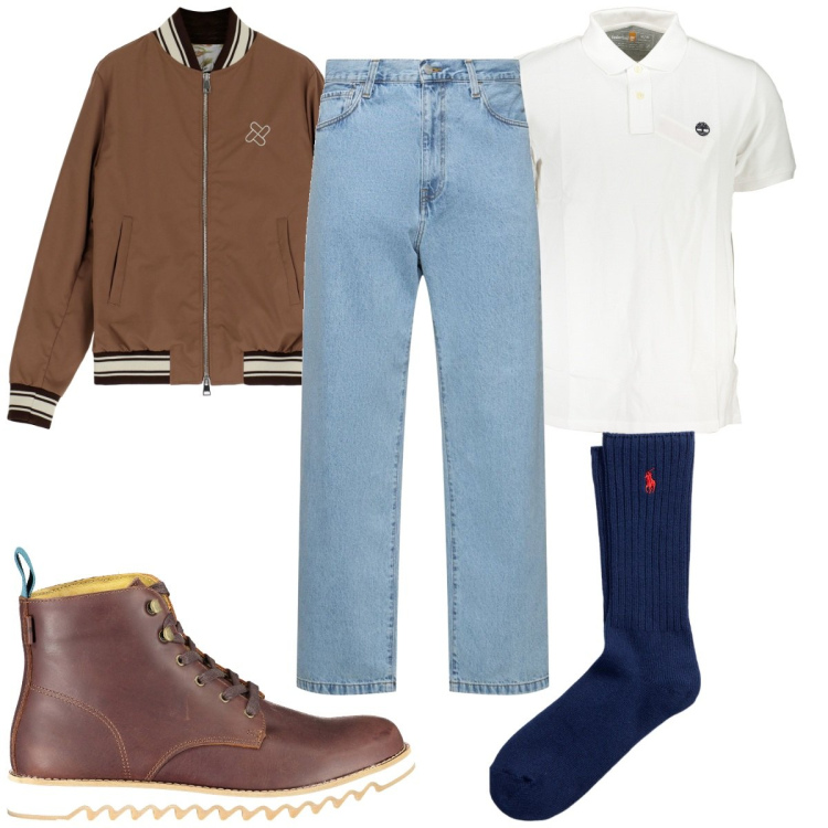 Outfit uomo - Denim delavé. Stile Trendy per Tutti i giorni. Abbinamento con giacche, calzini, stivali, polo, jeans.