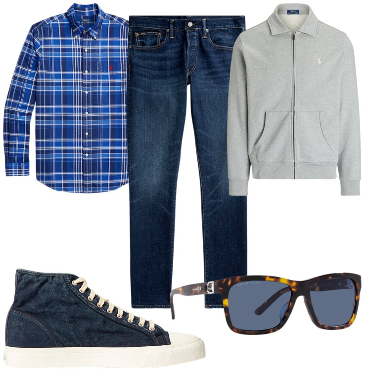 Outfit uomo - I jeans blu. Stile Trendy per Tutti i giorni. Abbinamento con sneakers, jeans, occhiali da sole, camicie, giacche.