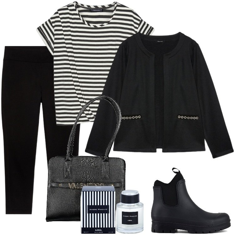 Outfit donna - Total look #1955878. Stile Urban per Ufficio. Abbinamento con profumi, stivali, blazer, jeggings, t-shirt, borse a spalla.