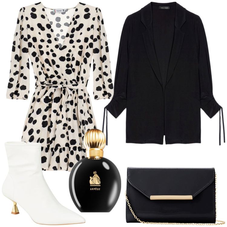 Outfit donna - Serate speciali. Stile Chic per Serata fuori. Abbinamento con pochette, profumi, stivaletti, vestiti corti, blazer.