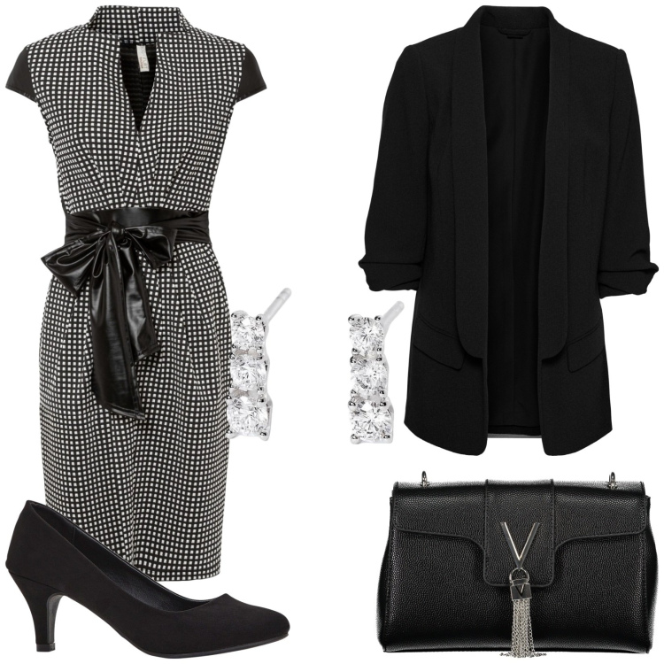 Outfit donna - Appuntamenti professionali. Stile Chic per Ufficio. Abbinamento con blazer, décolleté, vestiti, orecchini, borse a tracolla.