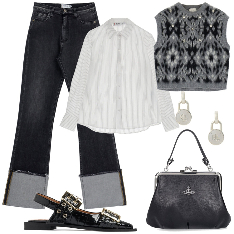 Outfit donna - Settembre casual glamour. Stile Casual per Tutti i giorni. Abbinamento con jeans dritti, camicie, maglieria, orecchini, borse a mano, ballerine.