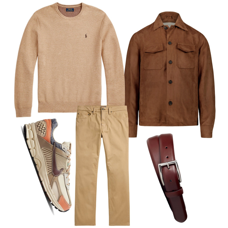 Outfit uomo - Marrone in autunno. Stile Casual per Ufficio. Abbinamento con maglieria, cinture, pantaloni, sneakers, giacche.