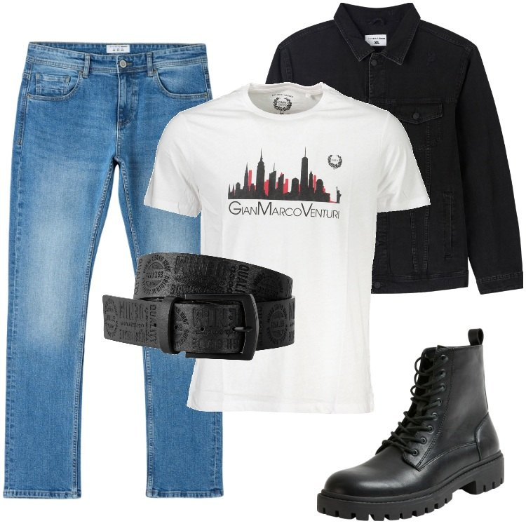 Outfit uomo - Total look #1955889. Stile Urban per Tutti i giorni. Abbinamento con cinture, anfibi, jeans dritti, giacche, t-shirt.
