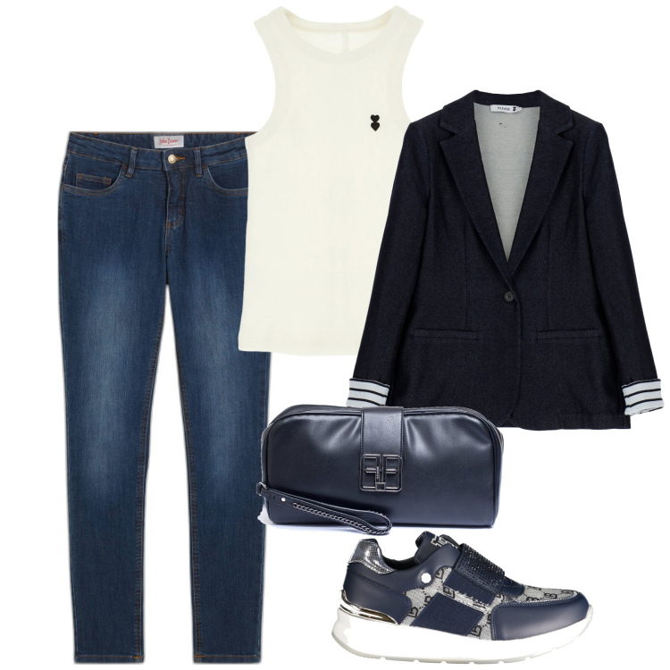Outfit donna - Very basic. Stile Basic per Tutti i giorni. Abbinamento con jeans skinny, blazer, canottiere, pochette, sneakers.