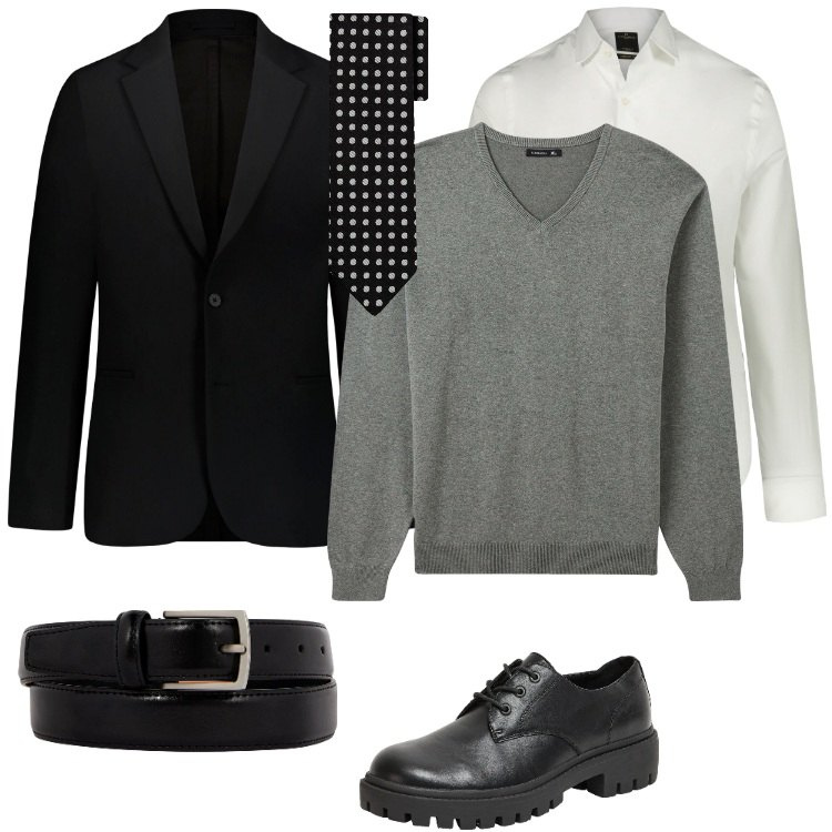 Outfit uomo - Total look #1955927. Stile Casual per Ufficio. Abbinamento con maglieria, scarpe stringate, camicie, cravatte, abiti, cinture.