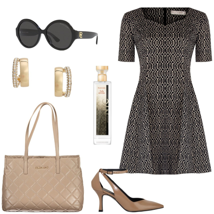 Outfit donna - In città. Stile Chic per Tutti i giorni. Abbinamento con profumi, vestiti corti, décolleté, occhiali da sole, orecchini, borse a spalla.