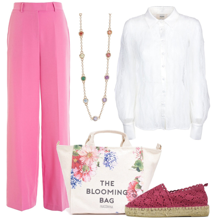 Outfit donna - La prof torna a scuola. Stile Casual chic per Ufficio. Abbinamento con collane, camicie, borse tote, pantaloni a palazzo, espadrillas.