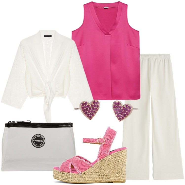 Outfit donna - I pantaloni palazzo per ogni occasione. Stile Casual chic per Serata fuori. Abbinamento con orecchini, valigie, pantaloni a palazzo, blazer, top, sandali col tacco.