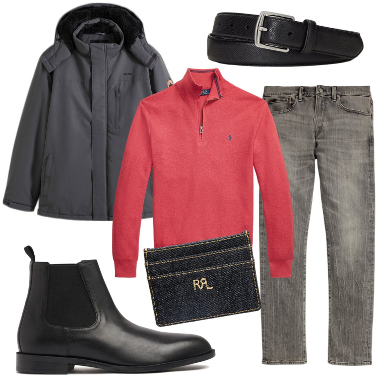 Outfit uomo - Total look giacca per la sera. Stile Trendy per Ufficio. Abbinamento con giacche, cinture, maglieria, portafogli, jeans, stivali e stivaletti.