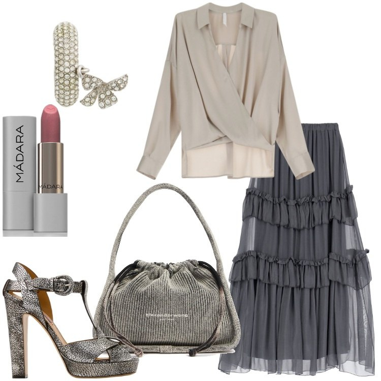 Outfit donna - Boho chic per la tua serata fuori. Stile Boho per Serata fuori. Abbinamento con rossetti, camicie, orecchini, sandali, gonne lunghe, borse a mano.