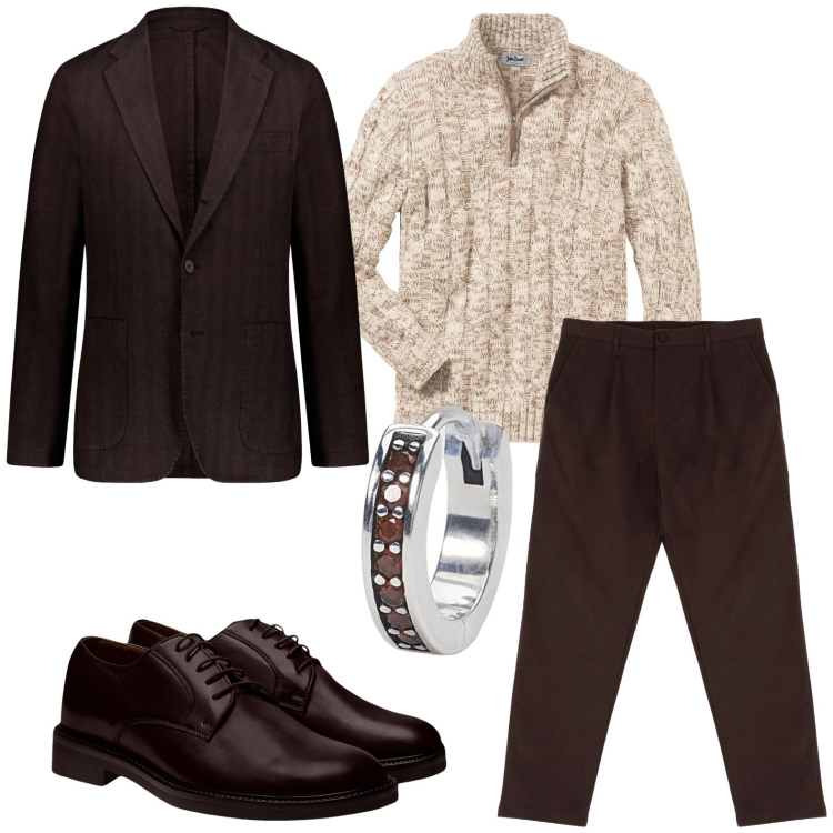 Outfit uomo - Variazioni di marrone. Stile Urban per Ufficio. Abbinamento con maglieria, orecchini, pantaloni chino, scarpe stringate, giacche.
