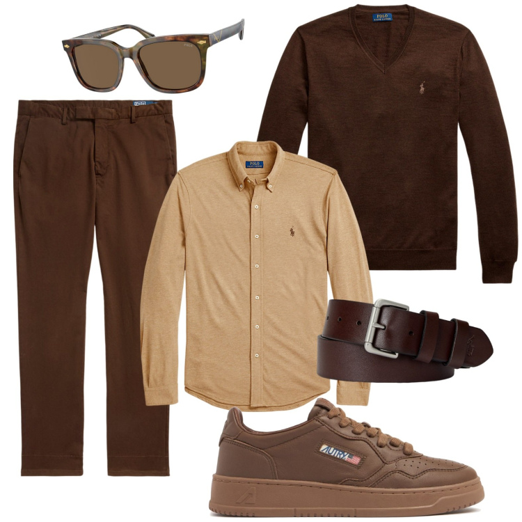 Outfit uomo - Abbigliamento moka. Stile Casual per Ufficio. Abbinamento con camicie, cinture, occhiali da sole, pantaloni, maglieria, sneakers.