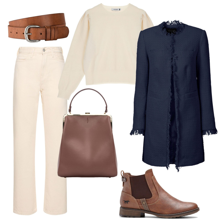 Outfit donna - Il blazer lungo che diventa spolverino. Stile Trendy per Tutti i giorni. Abbinamento con blazer, cinture, stivaletti chelsea, pullovers, borse a spalla, jeans dritti.