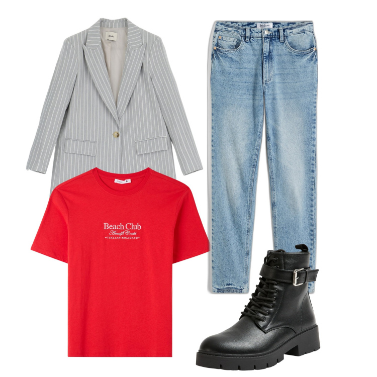 Outfit donna - Serata fuori tra amuche. Stile Basic per Serata fuori. Abbinamento con jeans dritti, t-shirt, anfibi, blazer.