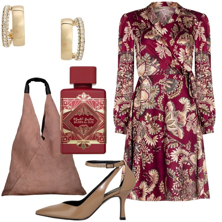 Outfit donna - Vestito stampa Cachemire. Stile Chic per Ufficio. Abbinamento con profumi, vestiti, orecchini, décolleté, borse a spalla.