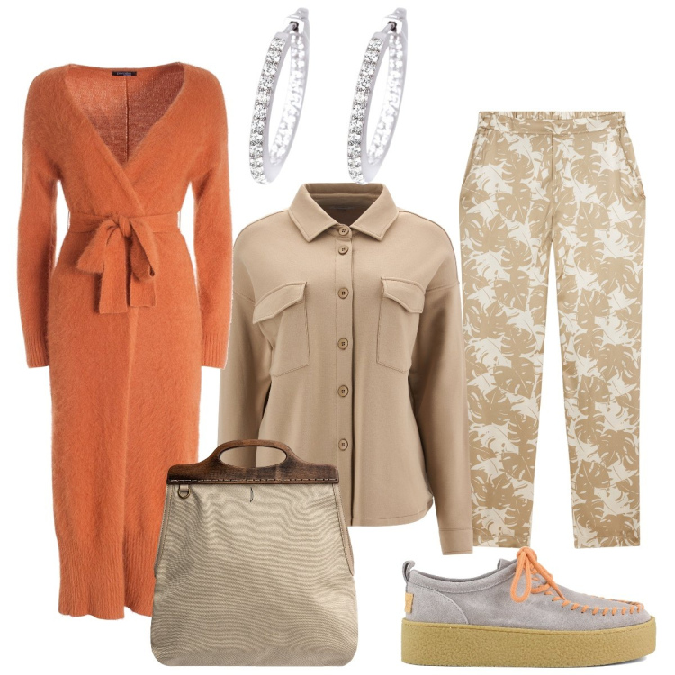Outfit donna - Pratica per il rientro. Stile Bon Ton per Scuola/Università. Abbinamento con orecchini, cardigans, pantaloni, camicie, borse a tracolla, mocassini.