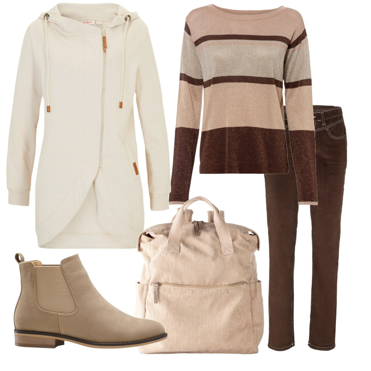 Outfit donna - Total look #1955993. Stile Casual per Tutti i giorni. Abbinamento con stivaletti chelsea, blazer, maglieria, pantaloni, zaini.