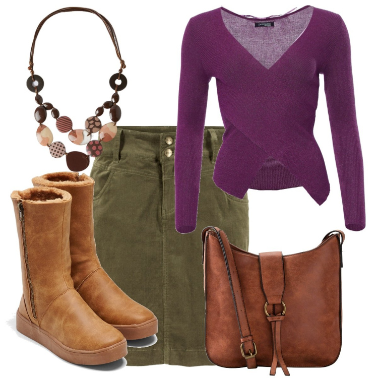 Outfit donna - Total look #1956006. Stile Basic per Tutti i giorni. Abbinamento con stivali, borse a tracolla, gonne lunghe, maglieria, collane.