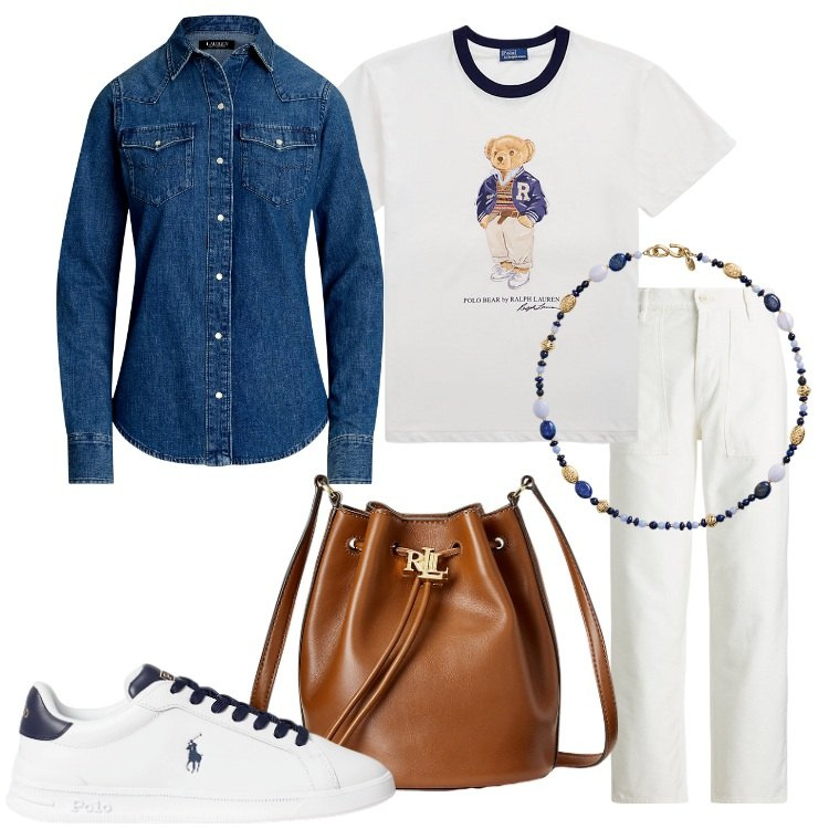 Outfit donna - La camicia sulla t-shirt. Stile Preppy per Tutti i giorni. Abbinamento con sneakers, collane, t-shirt, borse a secchiello, pantaloni, camicie.