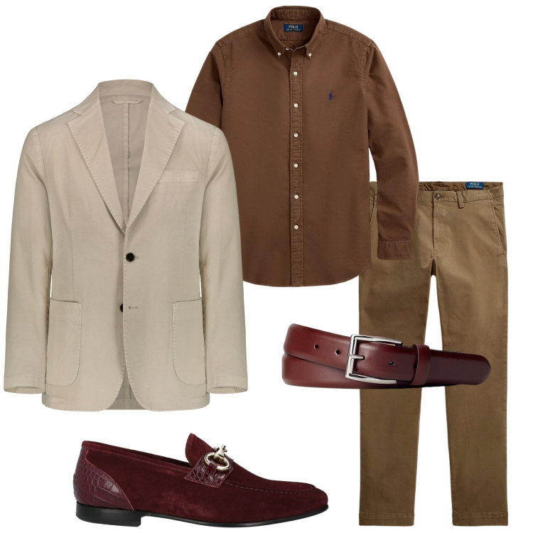 Outfit uomo - Sfumature di marrone. Stile Business/Elegante per Serata speciale. Abbinamento con scarpe stringate, cinture, pantaloni, camicie, giacche.