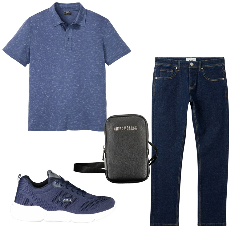 Outfit uomo - Fine estate. Stile Casual per Tutti i giorni. Abbinamento con polo, jeans, cinture, sneakers.