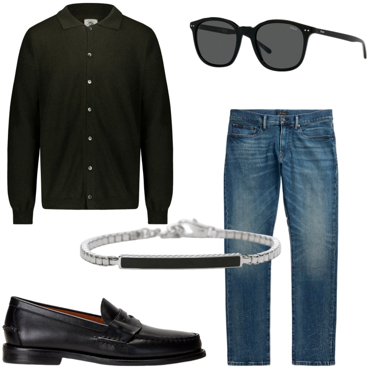 Outfit uomo - Oggi cosi. Stile Urban per Tutti i giorni. Abbinamento con braccialetti, scarpe stringate, occhiali da sole, jeans, polo.