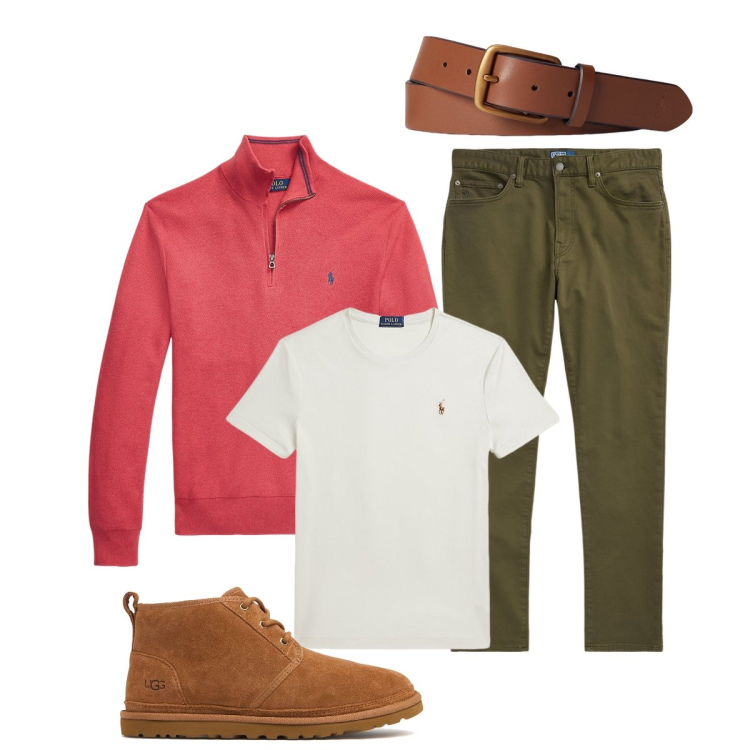 Outfit uomo - Total look #1956069. Stile Trendy per Ufficio. Abbinamento con cinture, maglieria, t-shirt, pantaloni chino, scarpe stringate.