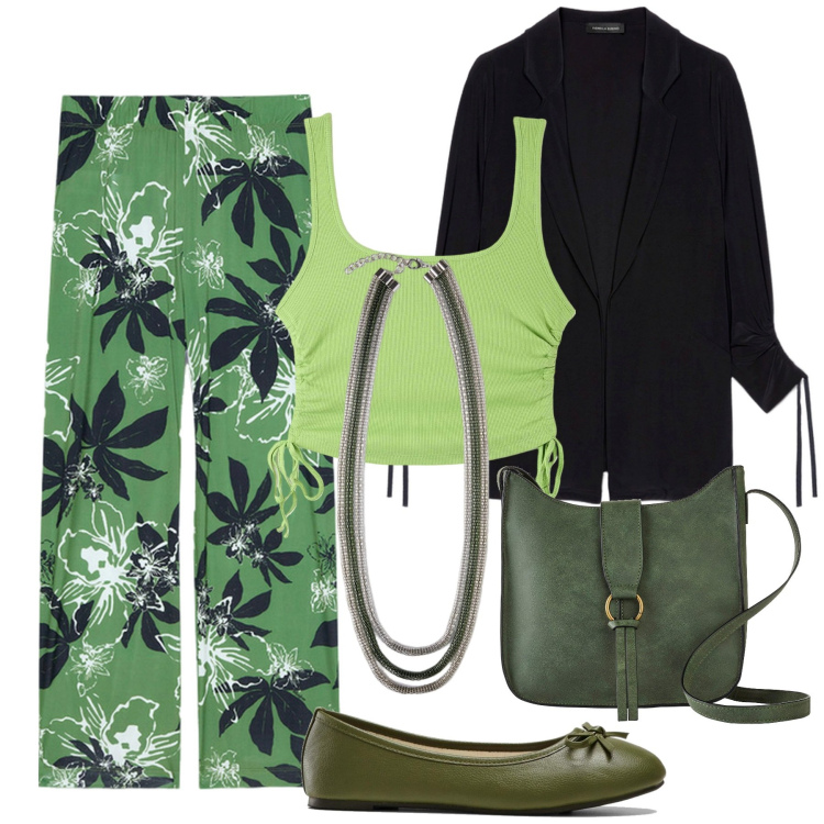 Outfit donna - Settembre in verde. Stile Trendy per Ufficio. Abbinamento con borse a tracolla, ballerine, top, blazer, collane, pantaloni.