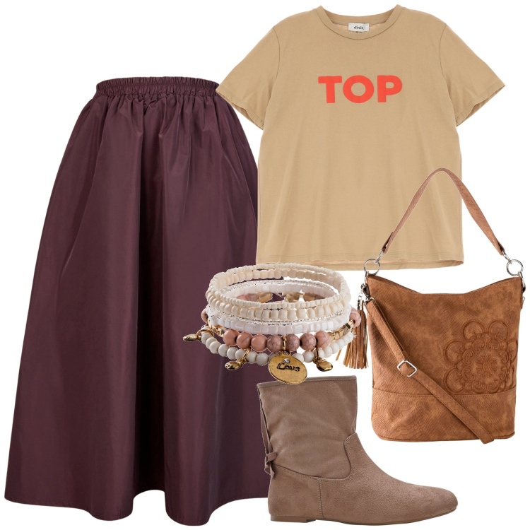 Outfit donna - Lo stivaletto boho. Stile Boho per Tutti i giorni. Abbinamento con braccialetti, borse a mano, stivaletti, t-shirt, gonne lunghe.