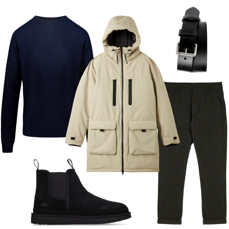 Outfit uomo - Il parka contemporaneo. Stile Trendy per Tutti i giorni. Abbinamento con parka, pantaloni, cinture, maglieria, stivali.