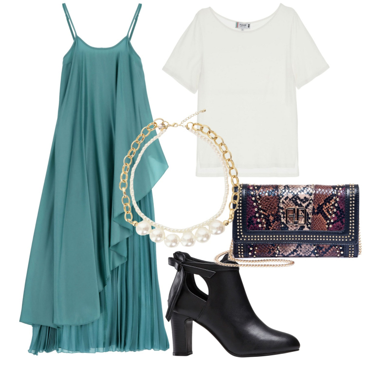 Outfit donna - Una t-shirt sotto al vestito. Stile Casual chic per Serata fuori. Abbinamento con stivaletti, t-shirt, vestiti lunghi, collane, pochette.