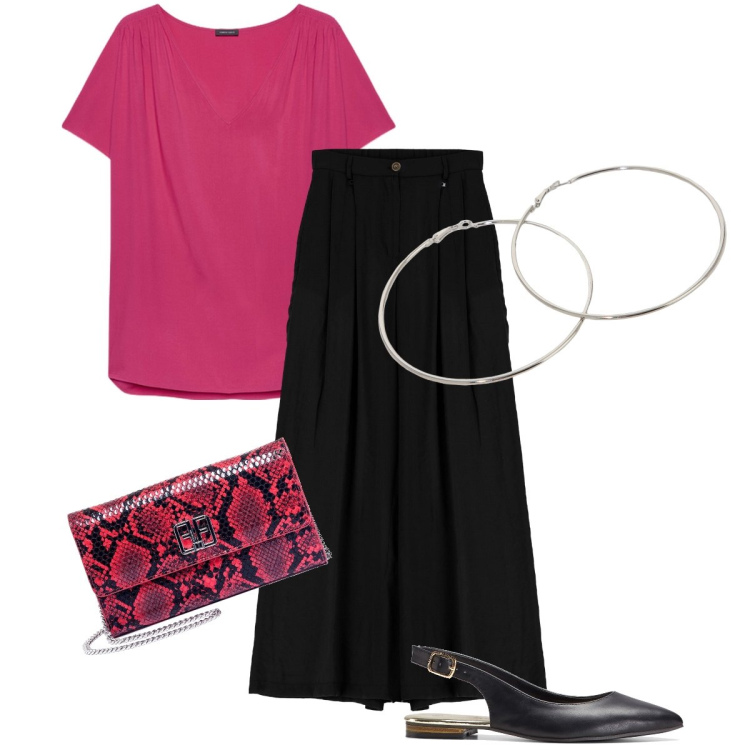 Outfit donna - Gli orecchini maxi. Stile Bon Ton per Serata fuori. Abbinamento con ballerine, bluse, pantaloni a palazzo, orecchini, pochette.