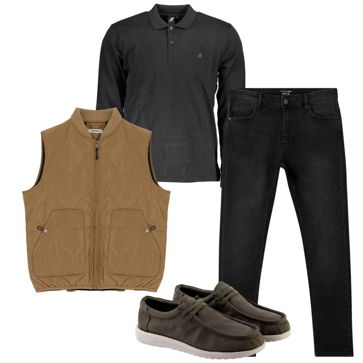 Outfit uomo - In città. Stile Casual per Tutti i giorni. Abbinamento con jeans skinny, gilet, scarpe stringate, polo.