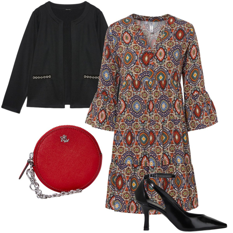 Outfit donna - Fantasia boho. Stile Boho per Serata fuori. Abbinamento con vestiti corti, décolleté, pochette, blazer.