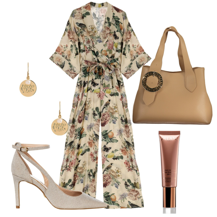 Outfit donna - Jumpsuit da colori tenui. Stile Bon Ton per Ufficio. Abbinamento con fondotinta, décolleté, tute, orecchini, borse a spalla.