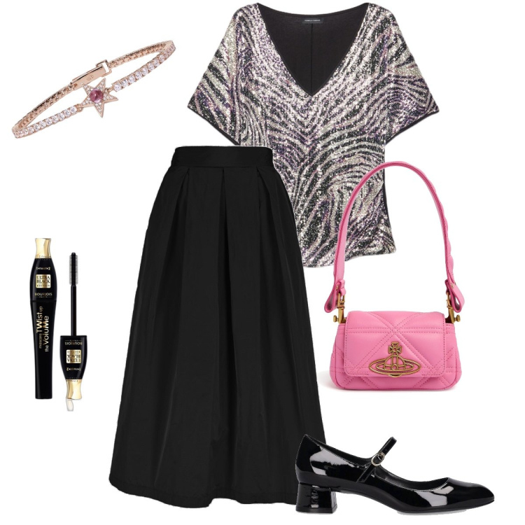 Outfit donna - La blusa in paillettes. Stile Glamour per Serata fuori. Abbinamento con mascara, braccialetti, t-shirt, décolleté, gonne, borse a spalla.