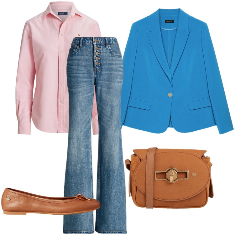 Outfit donna - I jeans a zampa. Stile Casual chic per Ufficio. Abbinamento con borse a tracolla, ballerine, jeans, camicie, blazer.