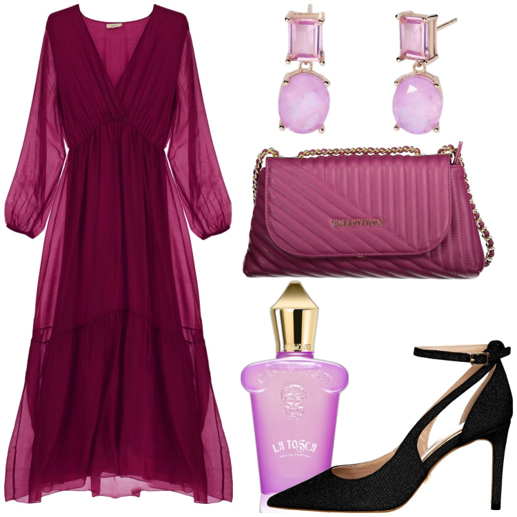 Outfit donna - Total look #1956128. Stile Glamour per Cerimonia. Abbinamento con profumi, orecchini, décolleté, vestiti lunghi, borse a tracolla.