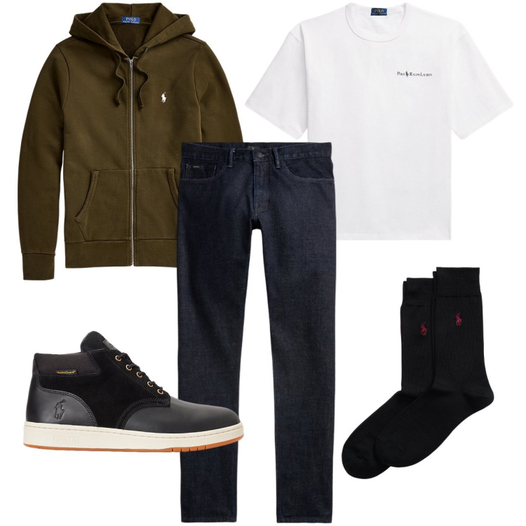 Outfit uomo - La felpa con zip. Stile Urban per Tutti i giorni. Abbinamento con calzini, felpe con cappuccio, stivali, jeans, t-shirt.