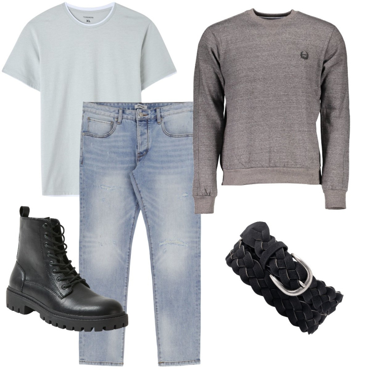 Outfit uomo - Con gli anfibi. Stile Biker Rock per Tutti i giorni. Abbinamento con t-shirt, anfibi, jeans slim fit, felpe, cinture.