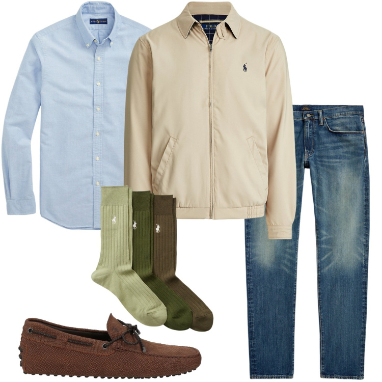 Outfit uomo - Classica camicia azzurra. Stile Casual per Tutti i giorni. Abbinamento con scarpe stringate, camicie, giacche, calzini, jeans.
