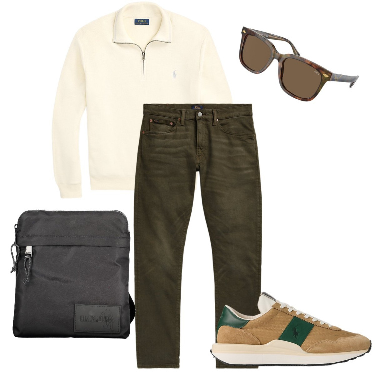Outfit uomo - La polo con zip. Stile Urban per Ufficio. Abbinamento con maglieria, jeans, occhiali da sole, sneakers, portafogli.